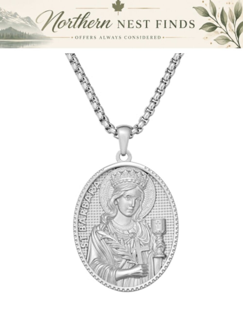 Stainless Steel Saint Barbara Medal Necklace Oval Pendant Religious Gift